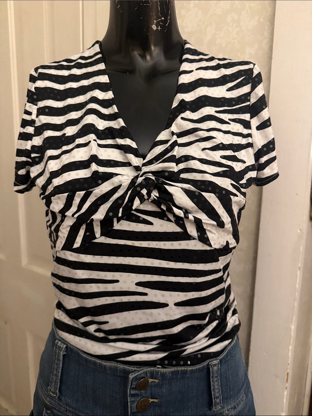Y2K Lisa International Stretch Zebra Print Short Sleeve V-Neck Top Small